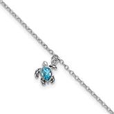 Sterling Silver Rhodium-Rhodium-Plated Polished and Antiqued Blue Crystal Turtle 9 inch with an 1 inch Anklet